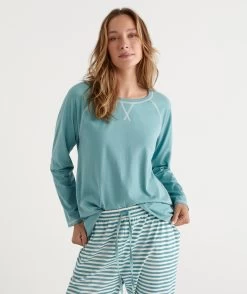 Australian Cotton Contrast Trim Pyjama Long Sleeve Top -Women Clothing Sale 035867 450 01
