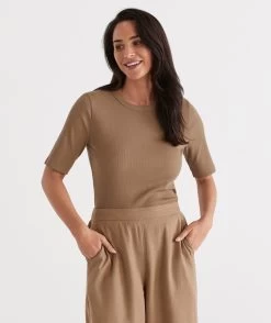 Australian Cotton Rib Elbow Sleeve Top -Women Clothing Sale 035944 241 01