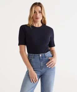 Australian Cotton Rib Elbow Sleeve Top -Women Clothing Sale 035944 404 01