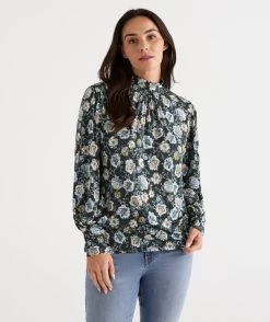 Mock Neck Etched Petal Sleeve Top
