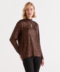 Sequin Keyhole Long Sleeve Top -Women Clothing Sale 036470 226 01