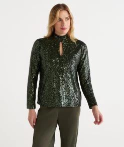 Sequin Keyhole Long Sleeve Top