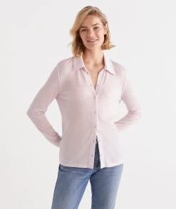 Wool Blend Button Long Sleeve Top -Women Clothing Sale 036526 652 01 2