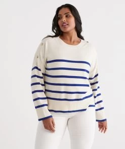 Stripe Button Shoulder Pullover -Women Clothing Sale 036534 458 01 3