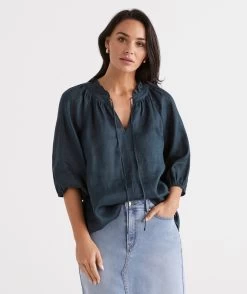 LINEN NOTCH NECK BLOUSE -Women Clothing Sale 036759 350 01 6