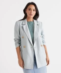 DOUBLE BREASTED LINEN ICY MINT BLAZER -Women Clothing Sale 036886 343 01 2