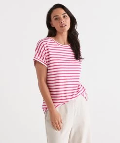 Australian Cotton Stripe Extended Roll Cuff Tee -Women Clothing Sale 036900 650 01 7