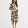 KHAKI ABSTRACT PRINT MIDI SHIRT DRESS