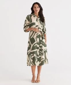 KHAKI ABSTRACT PRINT MIDI SHIRT DRESS -Women Clothing Sale 036928 314 01 4