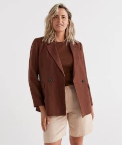 DOUBLE BREASTED CHOCOLATE LINEN BLAZER 11 DOUBLE BREASTED CHOCOLATE LINEN BLAZER -Women Clothing Sale 037071 203 01 3