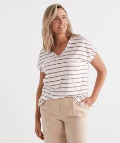 Australian Cotton Stripe V Tee -Women Clothing Sale 037087 241 01 3